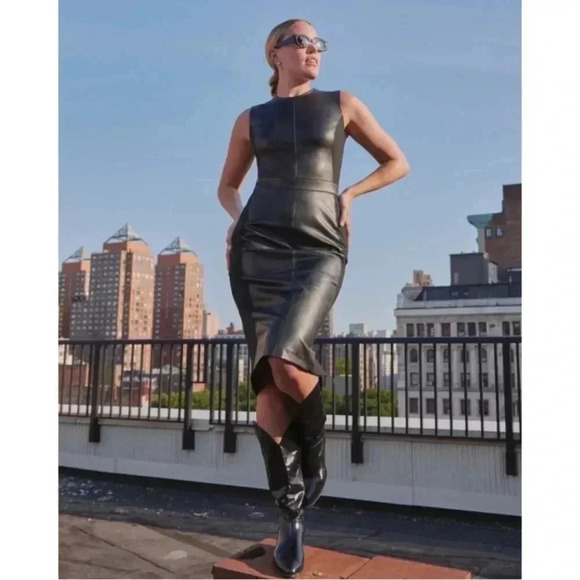 New SPANX Leather Ponte Midi  Dress Stretch  Sheath Office Siren Officecore - Picture 1 of 16